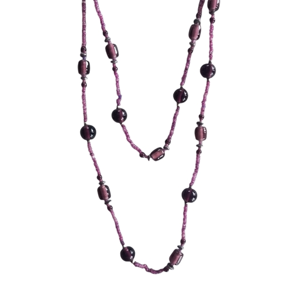 Vintage 1970s Amethyst Glass Bead Necklace - Picture 2 of 8